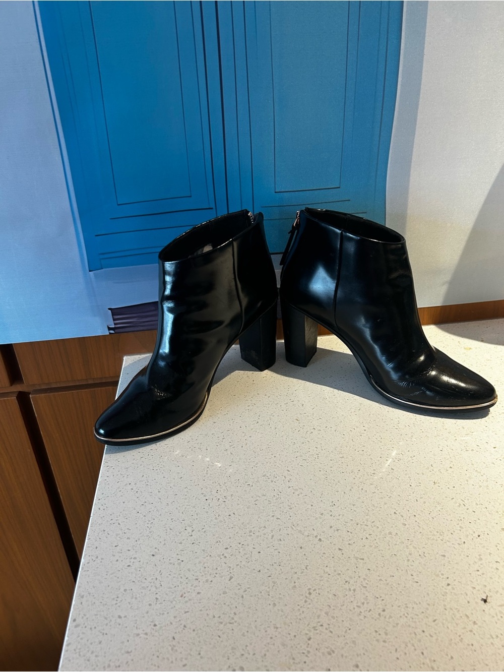 Ted Baker Black Patent Leather Block Heel Ankle Booties
